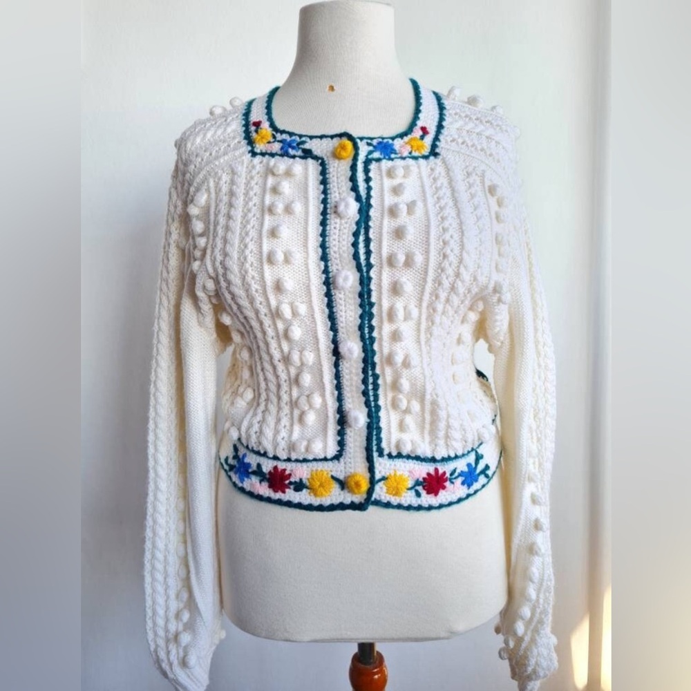 Doen-like Vintage 50’s Bavarian Cardigan with 3D Pompoms and Floral Embroidery L
